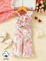 SHEIN Baby Girls' Casual Elegant Printed Halterneck Jumpsuit With Irregular Shoulders, Perfect For Vacation And Outing
