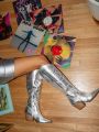 Women's Silver Pointed Toe Chunky Heel High Knee Boots