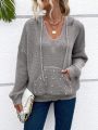 SHEIN Essnce Pearls Beaded Kangaroo Pocket Drop Shoulder Drawstring Hooded Sweater