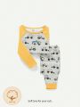Cozy Cub Baby Boy Snug Fit Pajama Set With Cartoon Car Printed Raglan Sleeve Two-Tone Top And Long Pants