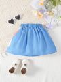SHEIN Kids QTFun Little Girls' Cute Unicorn Embroidery Rainbow Printed Denim-Like Skirt For Summer