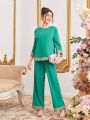 SHEIN Teen Girl Woven Solid Color Patchwork Web Shirt Slant Pocket Trousers Two-Piece Set