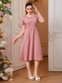 Teen Girls' Short Sleeve Dress With Bowknot Detail On The Front