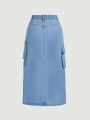 SHEIN Teenage Girls' Streetwear Casual Comfortable Wide Leg Washed Denim Straight Skirt With Slit, Light Blue