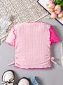 SHEIN Kids SUNSHNE Little Girls' Knitted Color-Block Pleated Casual Cropped T-Shirt