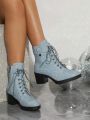 Chunky Heel Thick Sole Lace-up Vintage Denim Texture Wear-resistant Women's Boots
