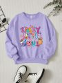 Girls' Funny Cartoon Colorful Slogan Pattern Fleece Pullover Sweatshirt With Round Neck