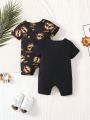 2pcs Infant Boys' Cute Cartoon Lion & Star Pattern Short Sleeve Romper With Round Neckline And Shorts, Casual & Home Wearing