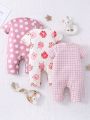 3pcs/Set Baby Girl Comfortable Jumpsuits, With Cartoon Rabbit & Sheep & Leopard & Polka Dot & Checkered Print, For Home Wear