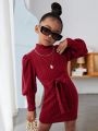 SHEIN Kids Cooltwn Little Girls' Cool And Trendy Street Style Half High Collar Plain Knitted Stripe Dress