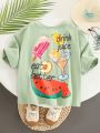 SHEIN Kids KDOMO Young Boys' Comfortable Loose Fit Casual Alphabet Watermelon Printed Short Sleeve T-Shirt