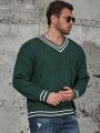 Extended Sizes Men Plus Striped Trim Drop Shoulder Cable Knit Sweater