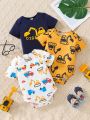 Baby Boy 3pcs/Set Cute Excavator & Transportation Pattern Printed Short Sleeve Romper For Spring/Summer, Fun & Casual