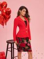 SHEIN Clasi Women'S Check Collar Blazer Jacket And Floral Printed Skirt Two Piece Set