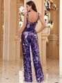 SHEIN Belle Sparkly Party Jumpsuit With Crossed Shoulder Straps, Front Hollow Out Detail And Back Tie