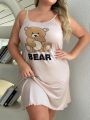 Plus Size Women'S Letter & Small Bear Printed Cami Nightgown