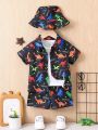 3pcs Toddler Boys' Casual Dinosaur & Letter Printed Shirt, Shorts And Hat Set
