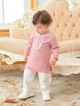 SHEIN 2pcs/set Baby Boys' Casual Vintage Floral Lace Trimmed Long Tops And Pants Set With Stand Collar, Conservative Style