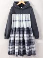 SHEIN Kids Cooltwn Girls' Casual Hooded Sweatshirt Dress With Plaid Patchwork Design
