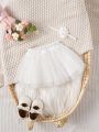 Baby Girl'S 2pcs/Set Spring Romper Dress & Headband Set In White Mesh Lace, Ideal For Photography