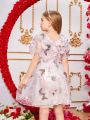 SHEIN Kids FANZEY Tween Girls' Elegant Butterfly Printed Organza Princess Dress With Puffy Skirt