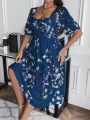 SHEIN Frenchy Plus Floral Print Sweetheart Neck Puff Sleeve Dress