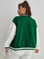 SHEIN Essnce Plus Size Color Block Baseball Jacket With Letter Patch