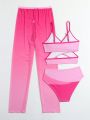 Teenage Girls' Simple Pink Print Bikini Set With Mesh Cover-up Pants