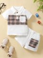 Baby Plaid Polo Shirt And Flap Pocket Patched Shorts