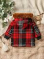 Baby Boys' British Style Checkered Coat, Horn Button, Zipper, Plush Hoodie, Thick, Long, Cute, Casual, Street Style, Winter
