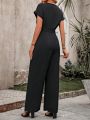 Women's Solid Color Notch Collar Loose Fit Casual Jumpsuit
