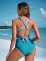 Ladies' Two Way Wear One-Piece Swimsuit With Tropical Plant Print