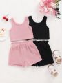 SHEIN Baby Girl'S Casual Solid Knit Vest Top And Elastic Waist Shorts 4pcs Set