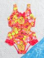Toddler Girls' Tropical Print Hollow Out Waist One-piece Swimsuit