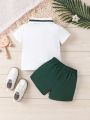 Baby Boys' Casual Letter & Leaves Printed Short Sleeve Polo Shirt And Shorts Set, Summer Daily Wear