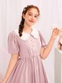 SHEIN Teen Girls Peter Pan Collar Puff Sleeve Button Front Dress