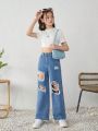 SHEIN Tween Girls' Spring Summer Boho Blue Washed Distressed Ripped Denim Wide Leg Jeans Pants,Girls Summer Bottom Clothes Outfits