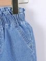 Baby Girl Vintage & Cute Elastic Waist Flower Bud Design Wide Leg Jeans With Soft Washed Denim, Light Blue