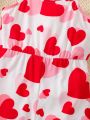 SHEIN Kids QTFun Little Girls' Heart Pattern Printed Jumpsuit With Spaghetti Straps