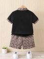 Young Boys' Geometric Pattern & Letter Polo Shirt And Shorts Set, Suitable For Summer Vacation