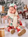 Girls Newborn Baby Christmas Print Contrast Binding Jumpsuit & Hat