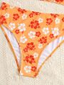 Teen Girls Floral Print Ring Linked Bikini Swimsuit