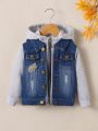 Baby Boy 1pc Patch Detail Ripped 2 In 1 Hooded Denim Jacket