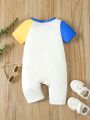 Baby Boy Cartoon Animal Pattern Short Sleeve Jumpsuit With Round Neckline
