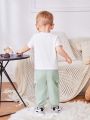 SHEIN Baby Boys' Cartoon Bear Print Short Sleeve T-shirt And Work Pants Set