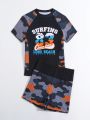 Big Boys' Camouflage Printed Swimsuit With Raglan Sleeves, Two Pieces