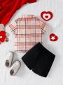Baby Boy Valentine's Day Bear Printed Short Sleeve Shirt With Tie And Shorts Set, 2pcs, Summer