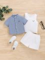 SHEIN Baby Boys' & Baby Girls' Casual Outdoor Short Sleeve Button Down Shirt, Vest, Monochrome Shorts 3pcs Set