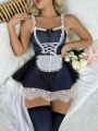 Contrast Lace Lace Up Front Maid Costume Dress & 1pair Stocking