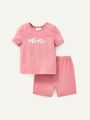 Cozy Cub Baby Girl Snug Fit Pajama Set With Letter Printed Round Neck Short Sleeve Top And Shorts, 4pcs